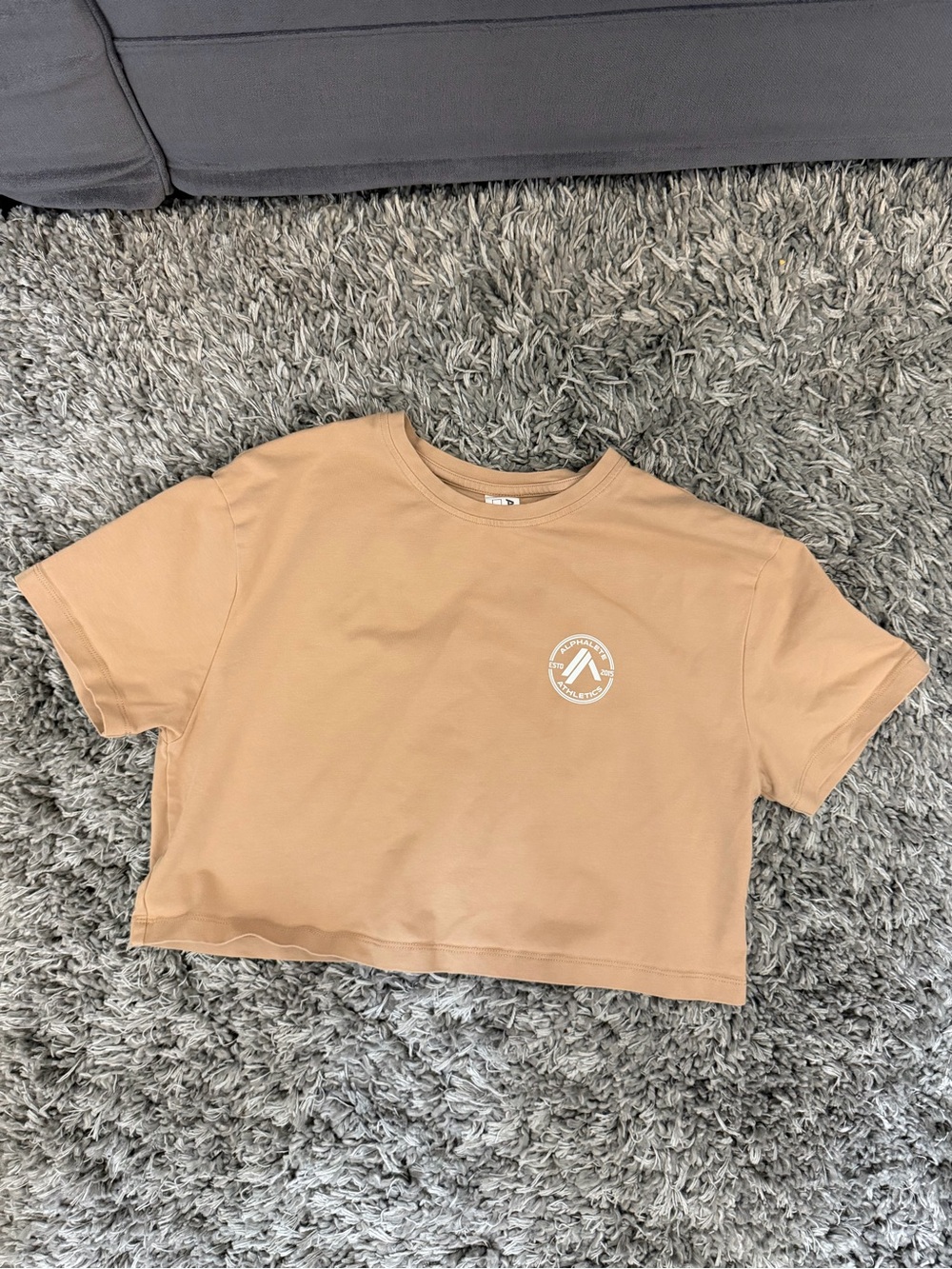 Alphalete Beige/Tan Cropped Short Sleeve Tee with White Logo